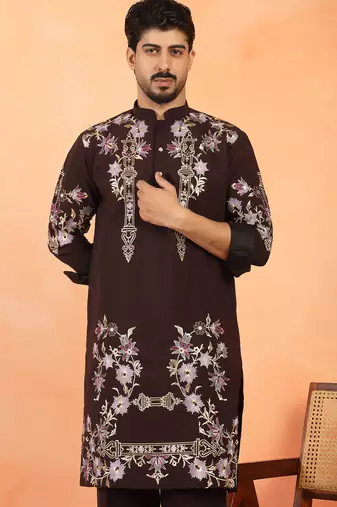Japanese fabric floral embroidered festive maroon kurta