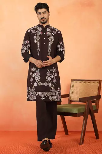 Japanese fabric floral embroidered festive maroon kurta