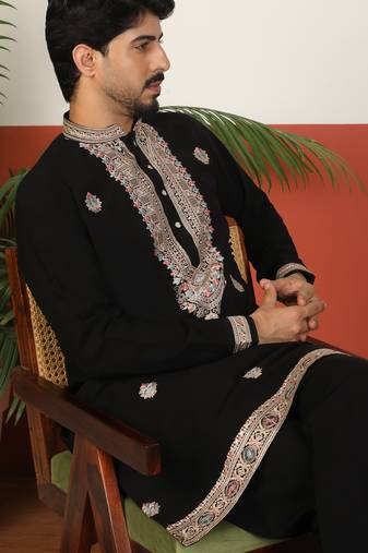 Yoke design embroidered japanese fabric black kurta