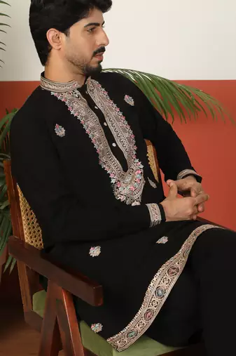 Yoke design embroidered japanese fabric black kurta