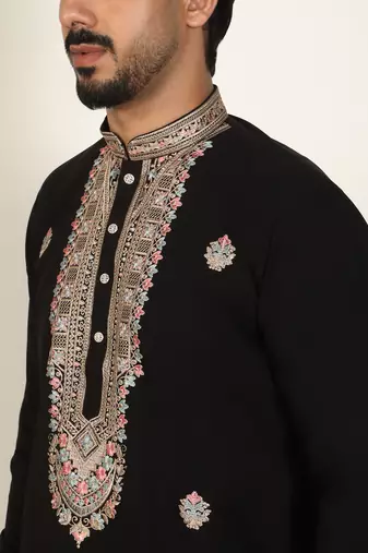 Yoke design embroidered japanese fabric black kurta