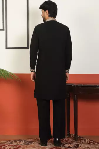 Yoke design embroidered japanese fabric black kurta