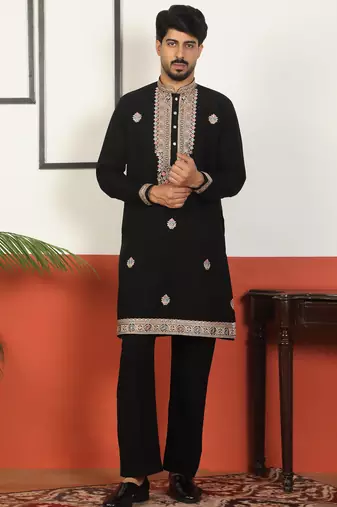 Yoke design embroidered japanese fabric black kurta