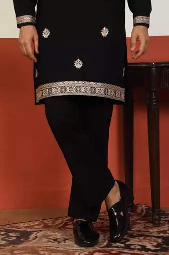 Yoke design embroidered japanese fabric black kurta