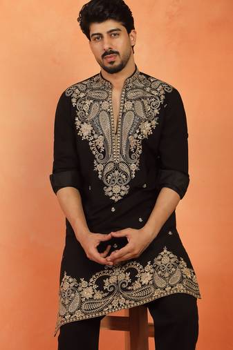Men embroidered & embellished yoke design black kurta