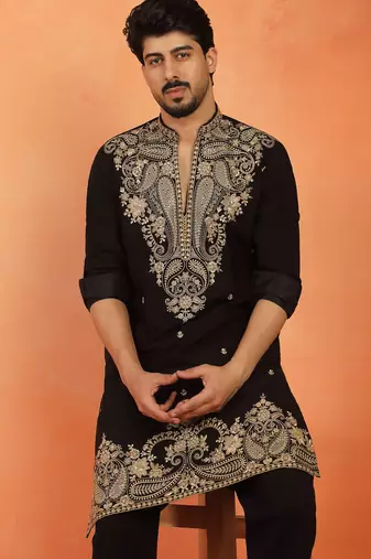 Men embroidered & embellished yoke design black kurta