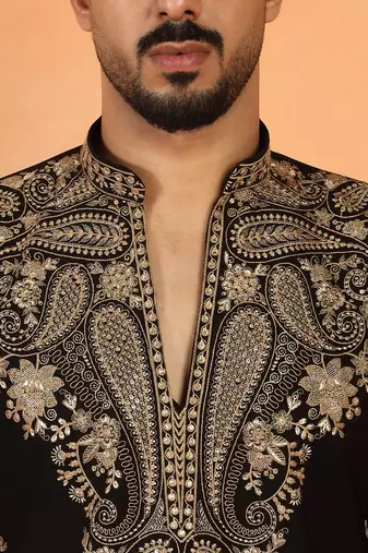 Men embroidered & embellished yoke design black kurta