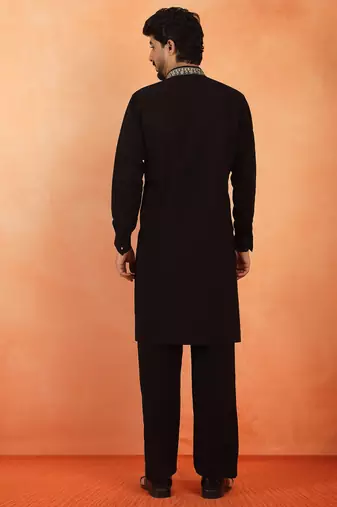 Men embroidered & embellished yoke design black kurta