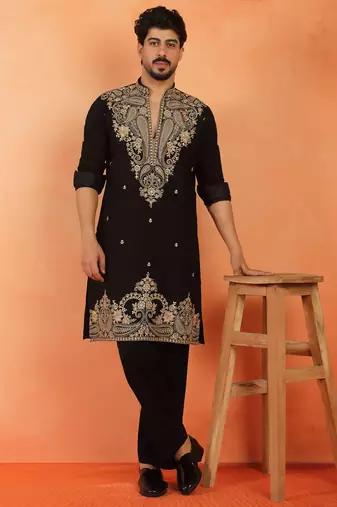 Men embroidered & embellished yoke design black kurta