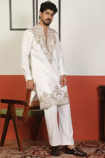 Men embroidered & embellished yoke design white kurta