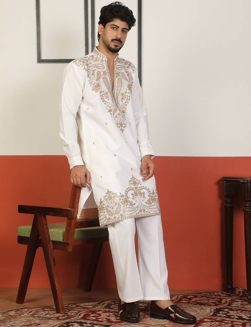 Men embroidered & embellished yoke design white kurta