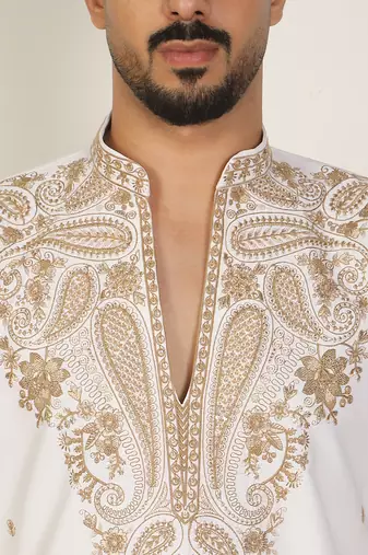 Men embroidered & embellished yoke design white kurta