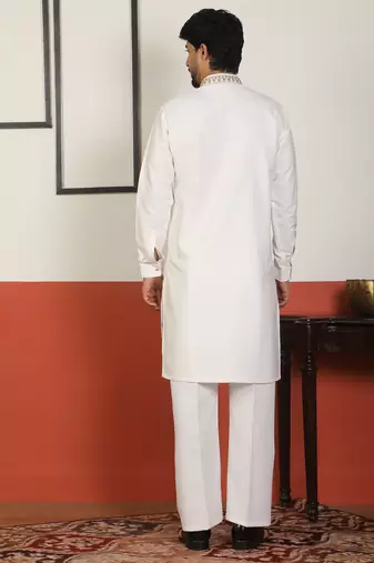 Men embroidered & embellished yoke design white kurta