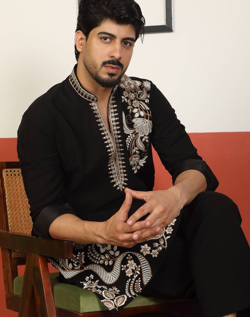 Men embroidered thread work embellished yoke design long black kurta