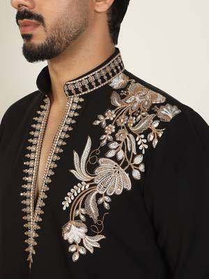 Men embroidered thread work embellished yoke design long black kurta 2
