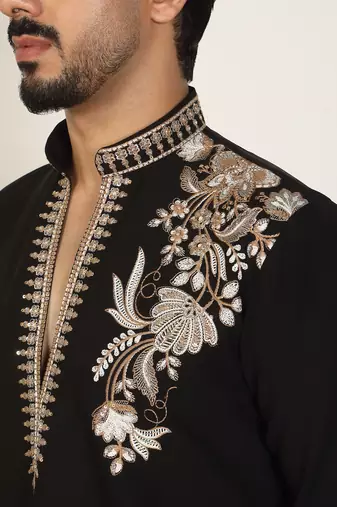 Men embroidered thread work embellished yoke design long black kurta