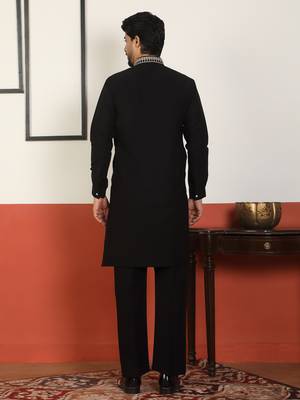 Men embroidered thread work embellished yoke design long black kurta 3