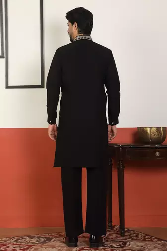 Men embroidered thread work embellished yoke design long black kurta