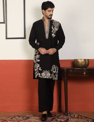Men embroidered thread work embellished yoke design long black kurta 5