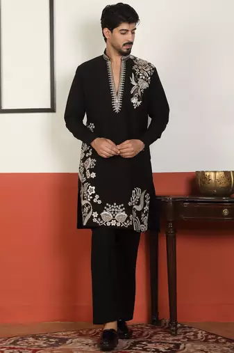 Men embroidered thread work embellished yoke design long black kurta