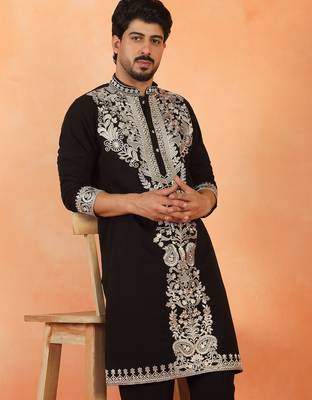 Men embroidered floral thread work japanese fabric black festive kurta 1