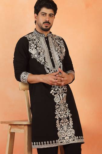 Men embroidered floral thread work japanese fabric black festive kurta