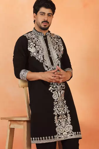 Men embroidered floral thread work japanese fabric black festive kurta