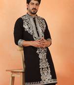 Men embroidered floral thread work japanese fabric black festive kurta