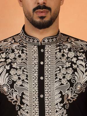 Men embroidered floral thread work japanese fabric black festive kurta 2