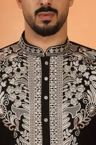 Men embroidered floral thread work japanese fabric black festive kurta