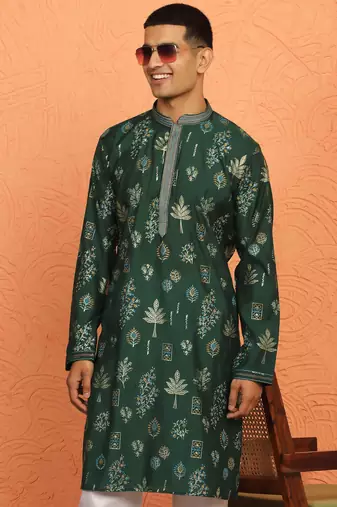 Men green anchor kurta with gold floral motif prints