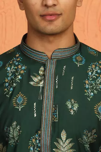 Men green anchor kurta with gold floral motif prints