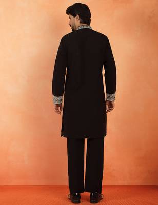 Men embroidered floral thread work japanese fabric black festive kurta 3