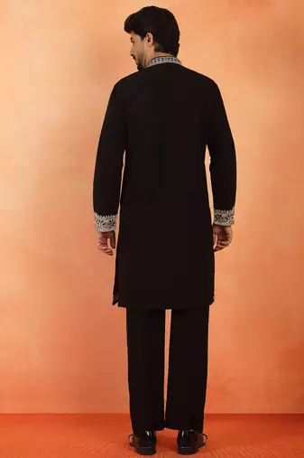 Men embroidered floral thread work japanese fabric black festive kurta