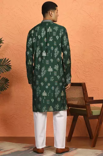 Men green anchor kurta with gold floral motif prints