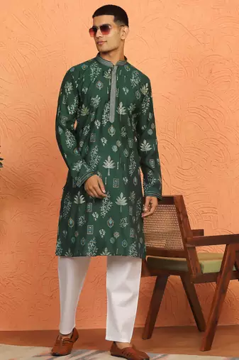 Men green anchor kurta with gold floral motif prints