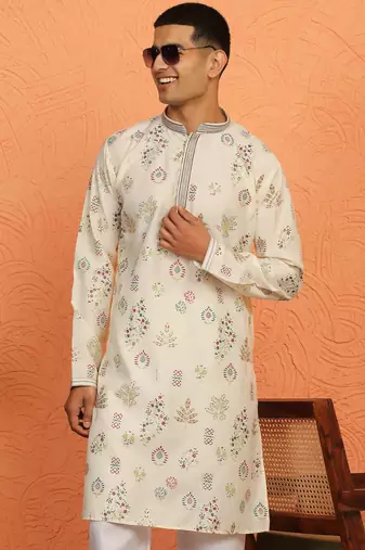 Men cream anchor kurta with gold floral motif prints