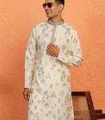 Men cream anchor kurta with gold floral motif prints