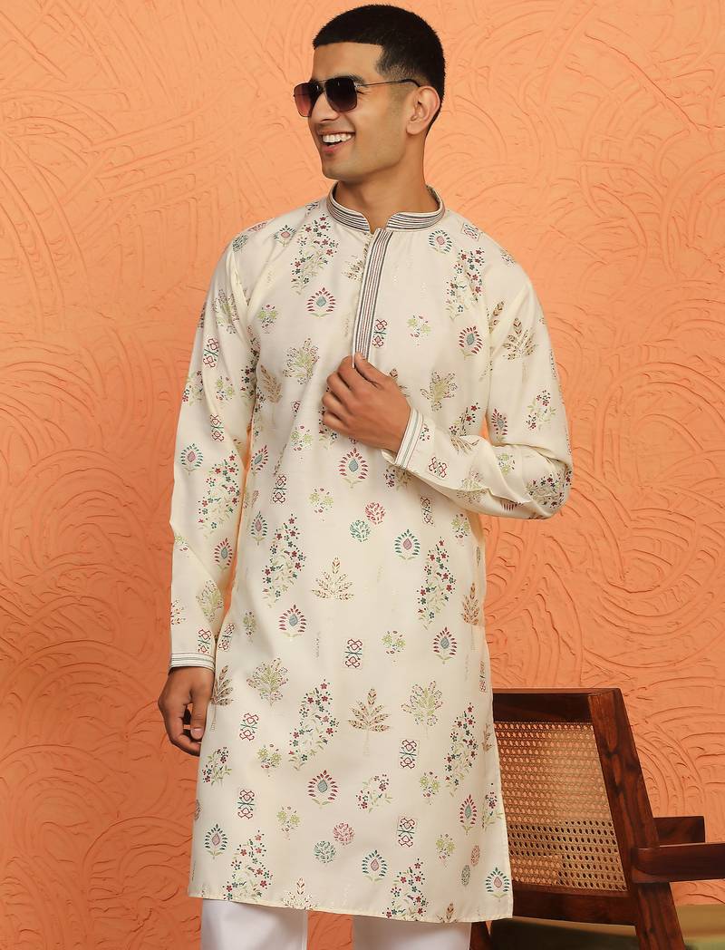 Men cream anchor kurta with gold floral motif prints