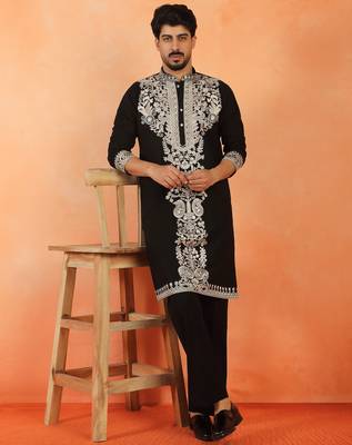Men embroidered floral thread work japanese fabric black festive kurta 4