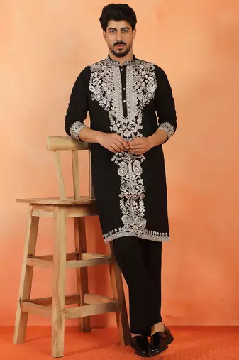 Men embroidered floral thread work japanese fabric black festive kurta