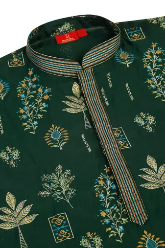Men green anchor kurta with gold floral motif prints