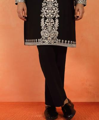 Men embroidered floral thread work japanese fabric black festive kurta 5