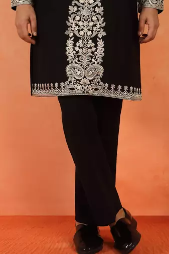 Men embroidered floral thread work japanese fabric black festive kurta