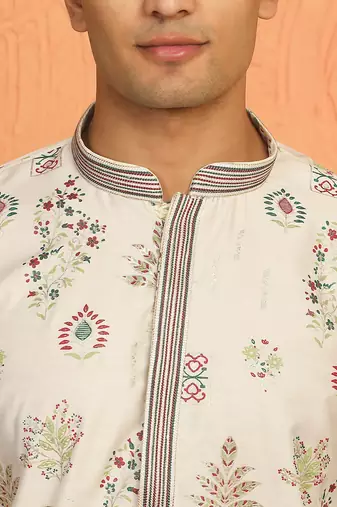 Men cream anchor kurta with gold floral motif prints