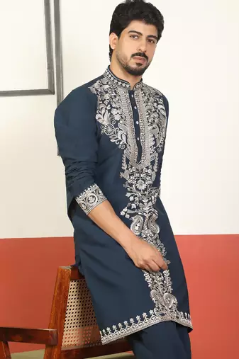 Men embroidered floral thread work japanese fabric blue festive kurta
