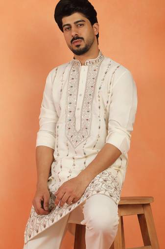 Men thread work & embellished yoke design japanese fabric cream festive kurta
