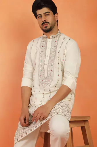 Men thread work & embellished yoke design japanese fabric cream festive kurta