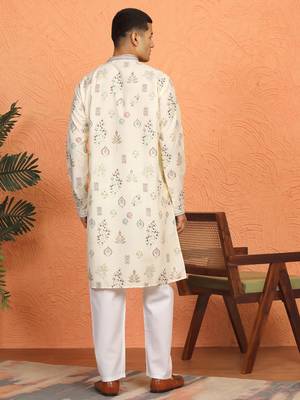 Men cream anchor kurta with gold floral motif prints 3
