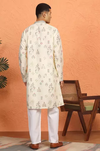 Men cream anchor kurta with gold floral motif prints